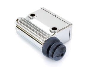 Chrome motorcycle shock absorber, compatible with Revelry Motorcycles custom builds.