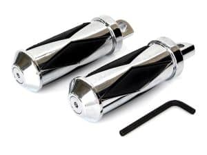 Chrome motorcycle foot pegs with black accents and mounting tool for Revelry Motorcycles.