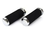 Black motorcycle handlebar grips with chrome ends for Revelry Motorcycles.