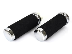 Black motorcycle handlebar grips with chrome ends for Revelry Motorcycles.