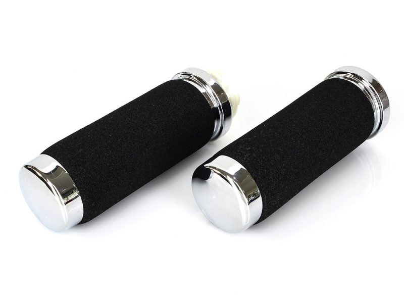 Black motorcycle handlebar grips with chrome ends for Revelry Motorcycles.