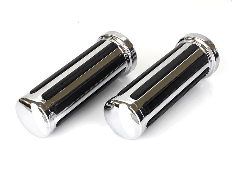 Rail Style Handgrips - Chrome. Fits H-D with Throttle Cable. Polished motorcycle handlebar grips for Revelry Motorcycles, premium quality accessories.