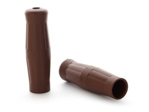 Brown motorcycle handlebar grips for Revelry Motorcycles, high-quality custom accessories.