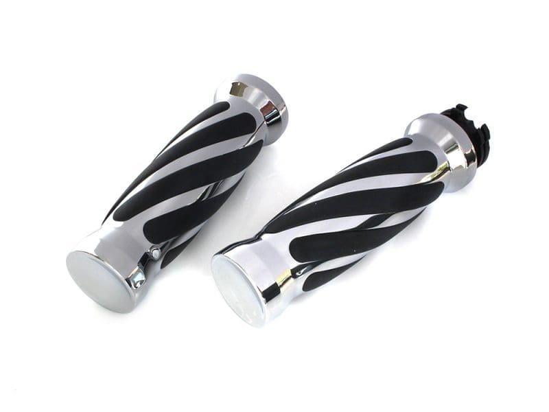Twist Style Handgrips - Chrome. Fits H-D with Throttle Cable. Polished black and chrome motorcycle handlebar grips for Revelry Motorcycles Australia.