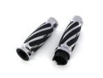 Black and chrome motorcycle handlebar grips with twist design for Revelry Motorcycles.