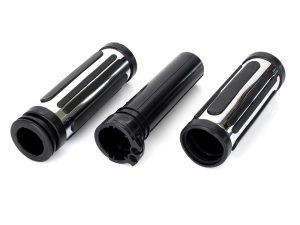 Chrome & Rubber Slotted Style Handgrips. Fits H-D 1996up with Throttle Cable.