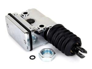 Aluminium motorcycle clutch slave cylinder with black rubber boot and mounting hardware.