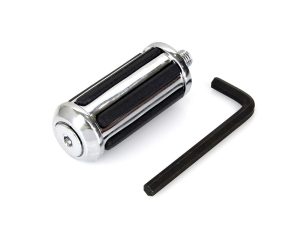 Chrome motorcycle footpeg with black rubber pad for custom Harley Davidson bikes.