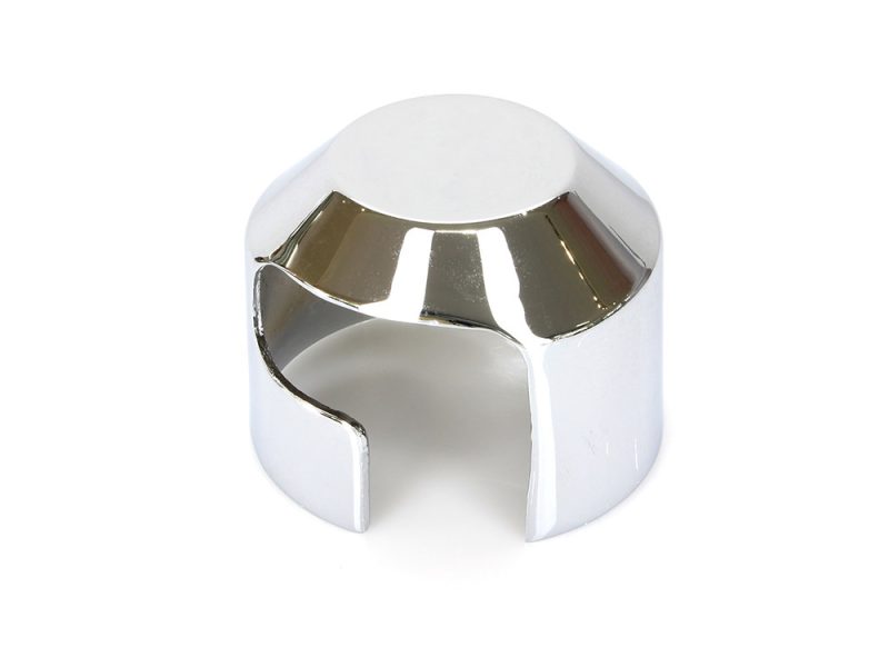 Shiny chrome motorcycle handlebar end cap for Revelry Motorcycles.