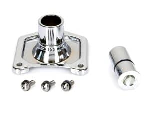 Chrome motorcycle headlight mount with mounting hardware.