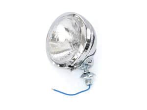 Bright chrome motorcycle headlight with wiring for Revelry Motorcycles accessories.