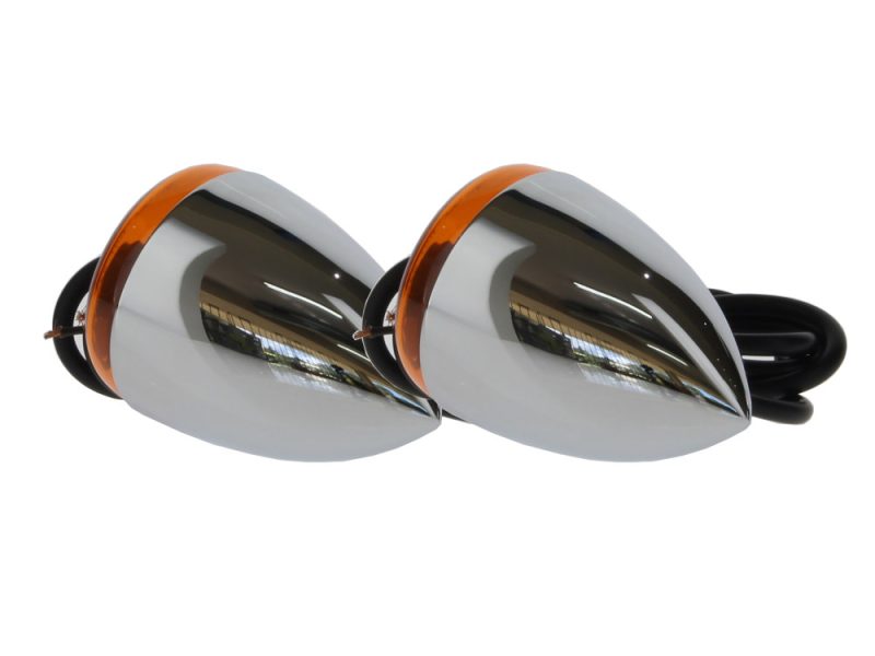 Chrome motorcycle turn signals with amber lenses for Revelry Motorcycles.