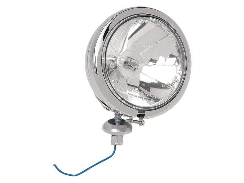 High-performance motorcycle LED headlight with durable chrome finish for Revelry Motorcycles.