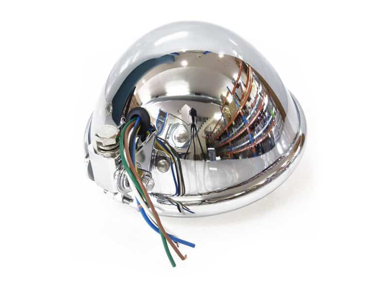 Reflective chrome motorcycle headlight with wiring for Revelry Motorcycles Australia.
