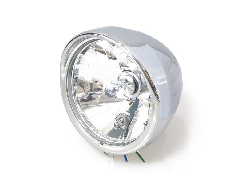 Bright chrome motorcycle LED headlight for Revelry Motorcycles, high visibility LED lighting.