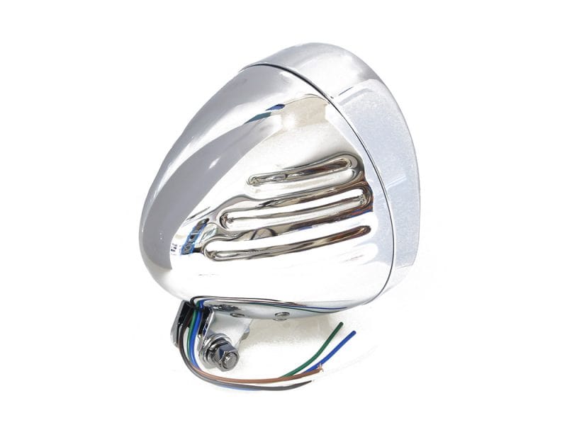 Chrome motorcycle auxiliary light with cooling fins for Revelry Motorcycles.