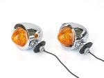 Chrome motorcycle turn signals with amber lenses for Revelry Motorcycles.
