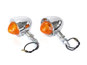 Chrome motorcycle turn signal lights with amber indicators for Revelry Motorcycles Australia.