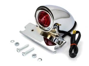 Chrome motorcycle tail light with mounting hardware and wiring for Revelry Motorcycles.
