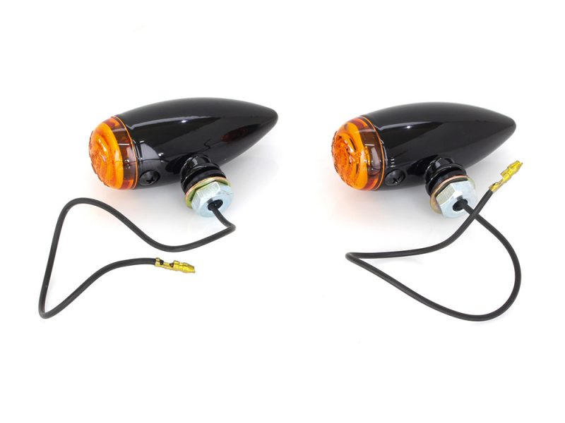 Black motorcycle turn signals with amber lenses and wiring for Revelry Motorcycles Australia.