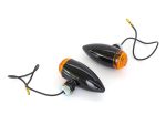 Black motorcycle turn signal indicators with orange lenses, compatible with Revelry Motorcycles.