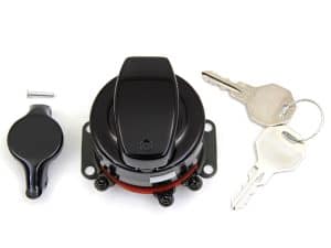Locking motorcycle ignition switch with keys and security features for Revelry Motorcycles in Australia.