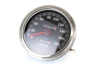 Motorcycle speedometer and odometer, rev counter and classic design, perfect for custom Revelry Motorcycles builds.