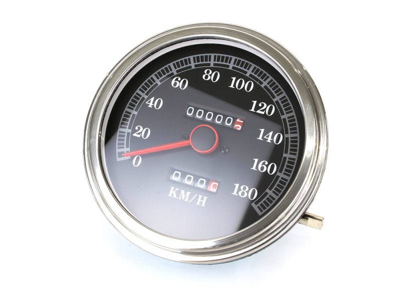 Motorcycle speedometer and odometer, rev counter and classic design, perfect for custom Revelry Motorcycles builds.