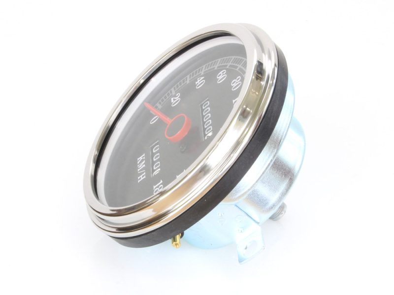 Analog motorcycle speedometer with chrome bezel for Revelry Motorcycles Australia site.