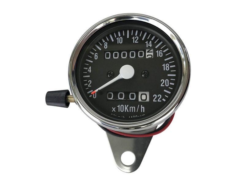 KPH Mini Speedo with Trip Meter & 2:1 Ratio. Bright chrome motorcycle speedometer with odometer for Revelry Motorcycles.