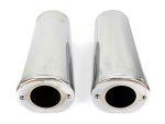 Polished chrome motorcycle exhaust pipes, high-performance Revelry Motorcycles bike accessories.