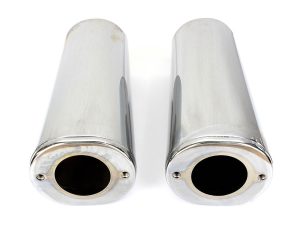 Polished chrome motorcycle exhaust pipes, high-performance Revelry Motorcycles bike accessories.