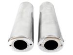 Polished motorcycle exhaust pipes for Revelry Motorcycles, high-quality custom bike parts.
