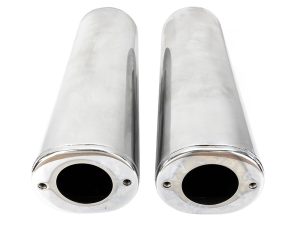 Polished motorcycle exhaust pipes for Revelry Motorcycles, high-quality custom bike parts.