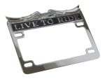 Chrome motorcycle license plate frame with "Live to Ride" inscription, perfect for motorcyclists.