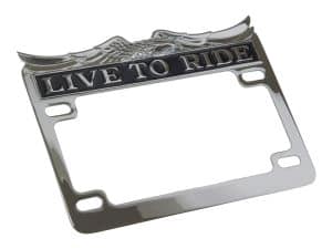 Chrome motorcycle license plate frame with "Live to Ride" inscription, perfect for motorcyclists.