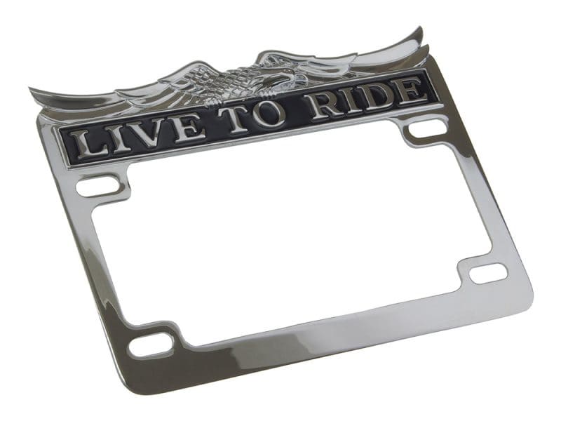 Chrome motorcycle license plate frame with "Live to Ride" inscription, perfect for motorcyclists.