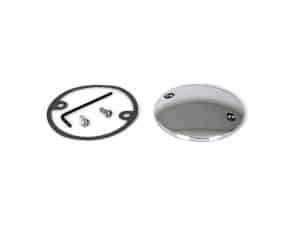 Shiny chrome motorcycle fuel cap with mounting hardware on white background.