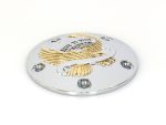 Vintage motorcycle wheel hub cover with "Live to Ride" inscription and eagle emblem.