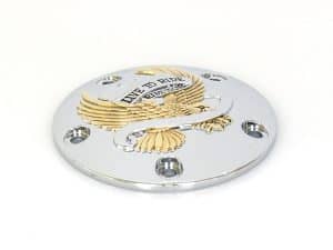 Vintage motorcycle wheel hub cover with "Live to Ride" inscription and eagle emblem.