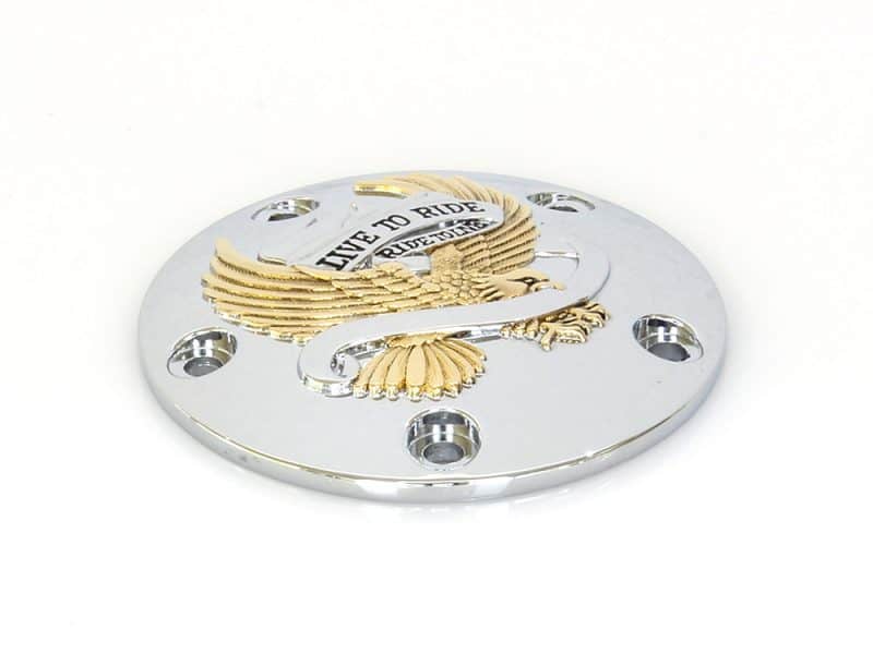Vintage motorcycle wheel hub cover with "Live to Ride" inscription and eagle emblem.