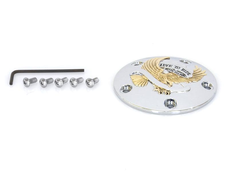 Chrome motorcycle engine cover cap with eagle emblem and mounting hardware.