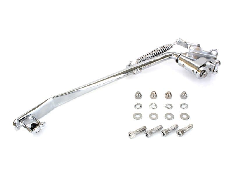 Aluminium motorcycle kickstand with hardware and mounting kit for Revelry Motorcycles.