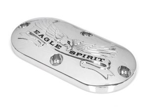 Shiny chrome motorcycle engine cover with eagle design and "Eagle Spirit" branding.