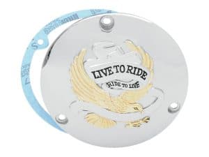 Polished motorcycle clutch cover with eagle design and "Live to Ride" inscription, ideal for accessories at Revelry Motorcycles.