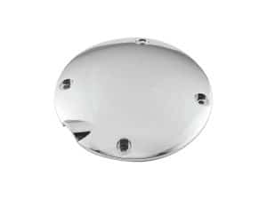 Polished chrome motorcycle brake master cylinder cap for Revelry Motorcycles, stylish accessory for bike customization.