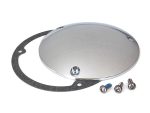 Shiny chrome motorcycle fuel cap with mounting kit and gasket.