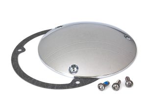 Shiny chrome motorcycle fuel cap with mounting kit and gasket.