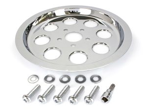 Chrome motorcycle wheel cover with mounting hardware and screws for Revelry Motorcycles.