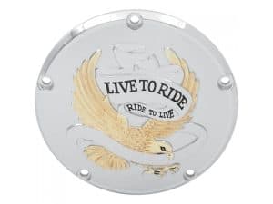 Polished motorcycle wheel centre cap with eagle and inspirational "Live to Ride" slogan.